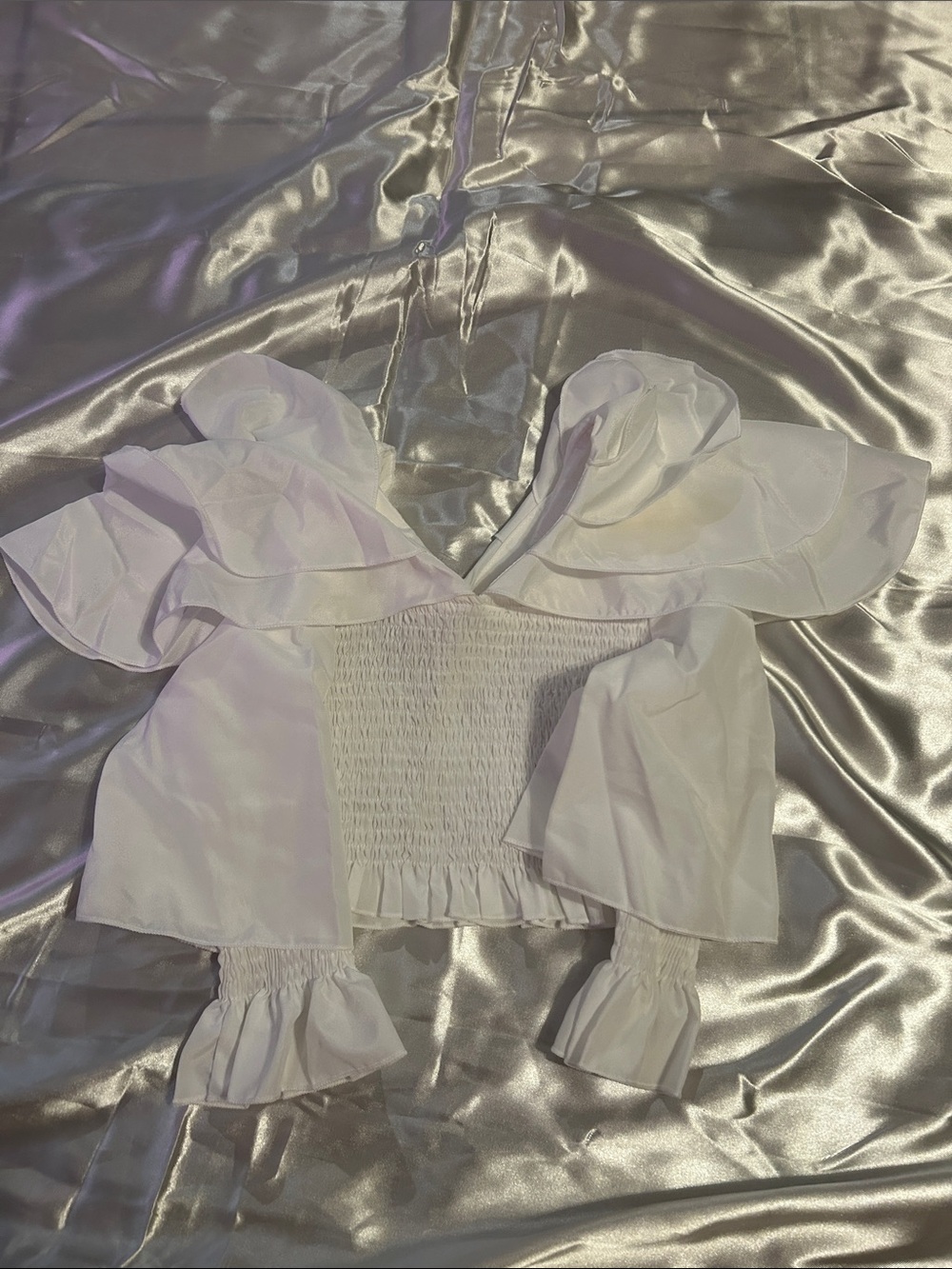 SHEIN White Ruffled Off-Shoulder Smocked Crop Top
